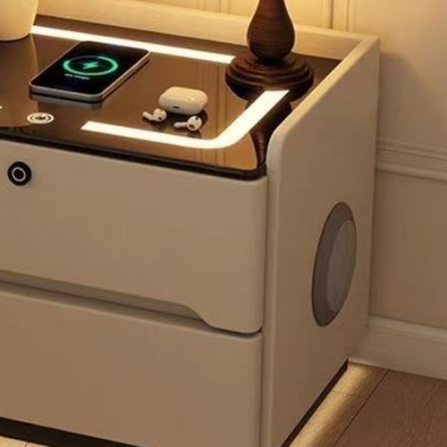 C1 smart bedside table right-side speaker, illuminated top edge and drawer construction, original product detail