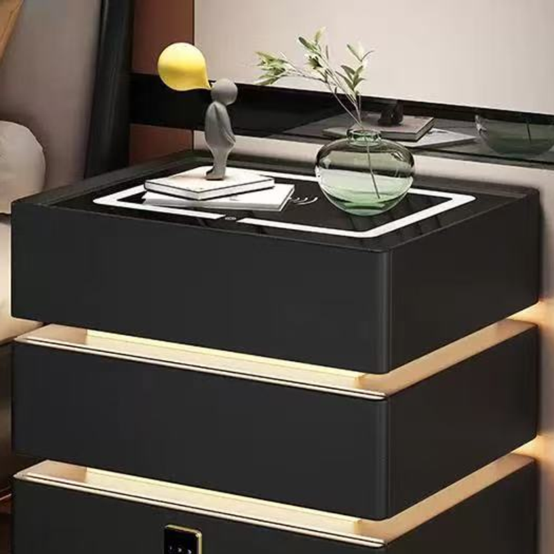 C17 smart bedside table black top surface and illuminated drawer bands, original product detail