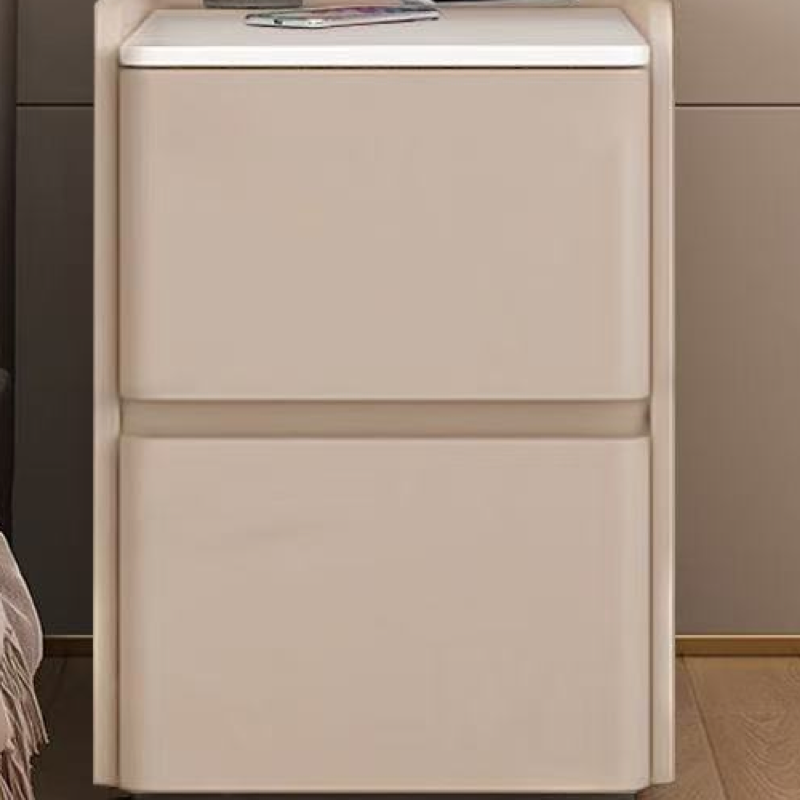 C2 smart bedside table close-up of two handleless drawer fronts, rounded side panels and lower plinth, original detail