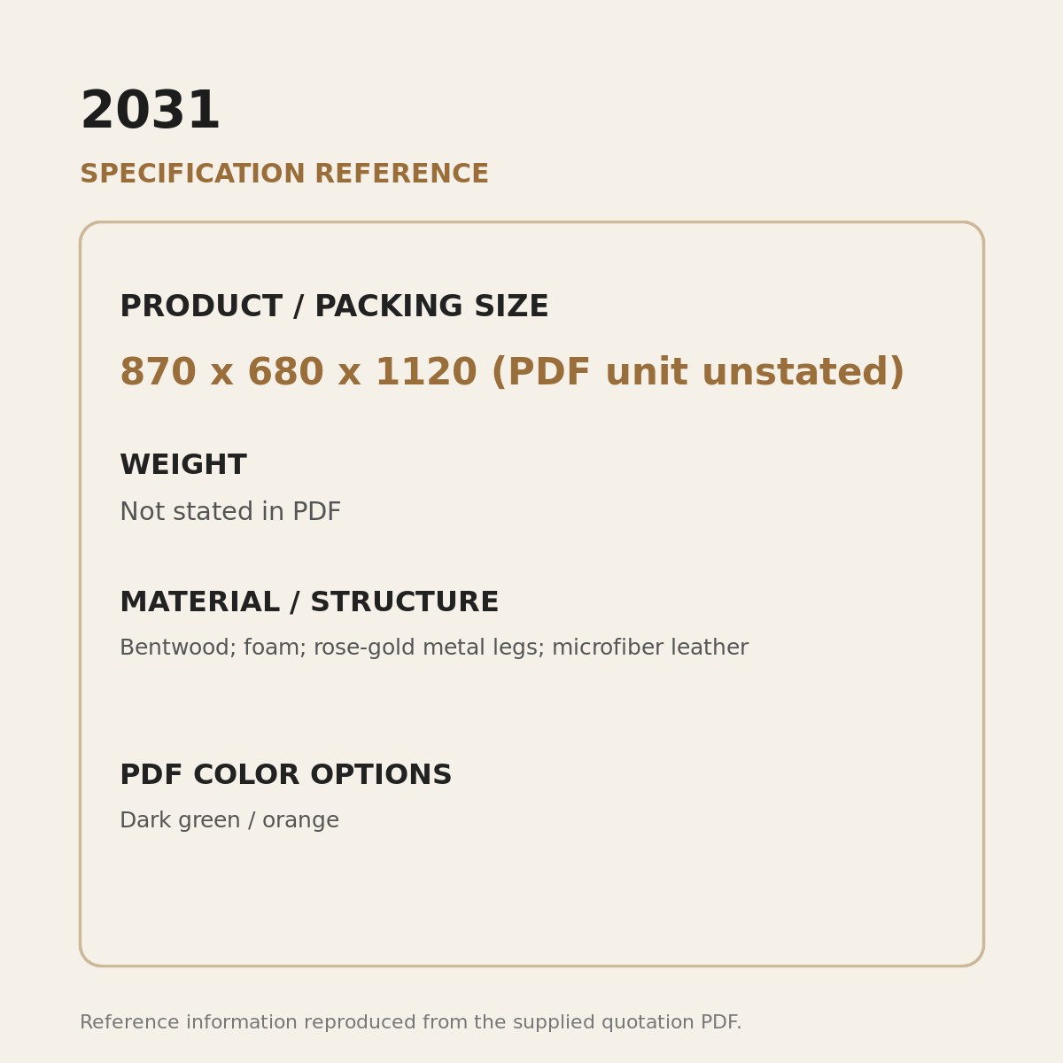2031 Upholstered Lounge Chair - source dimensions and specification reference