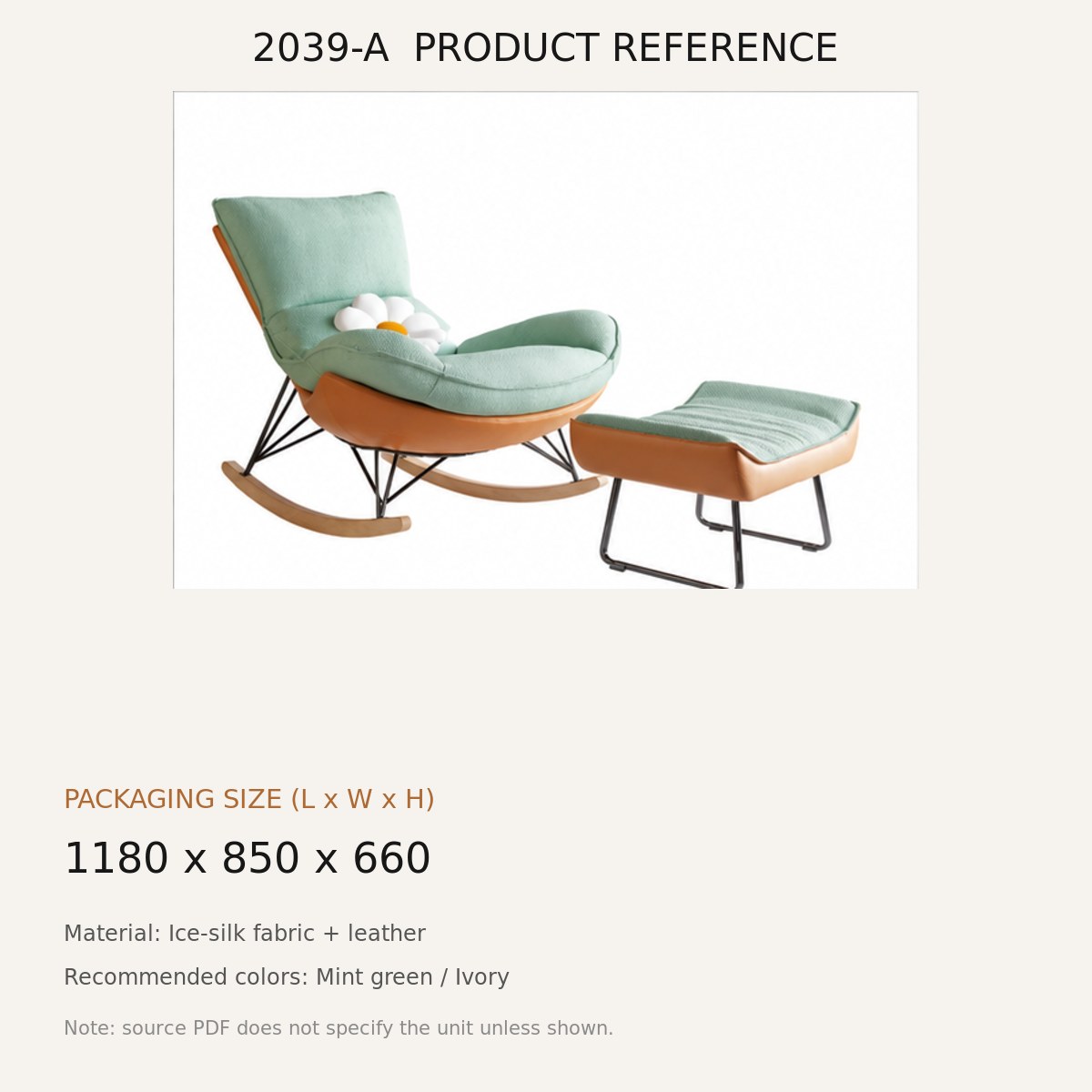 2039-A Upholstered Rocking Lounge Chair - source dimensions and specification reference