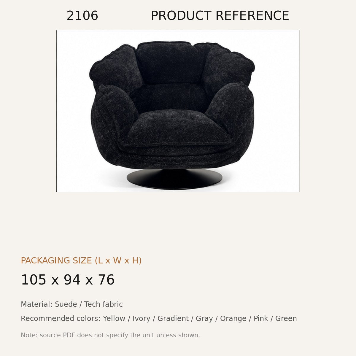 2106 Upholstered Lounge Chair - source dimensions and specification reference