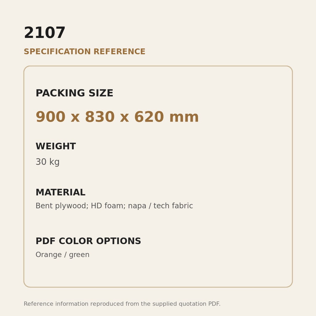 2107 Crab Upholstered Lounge Chair - source dimensions and specification reference