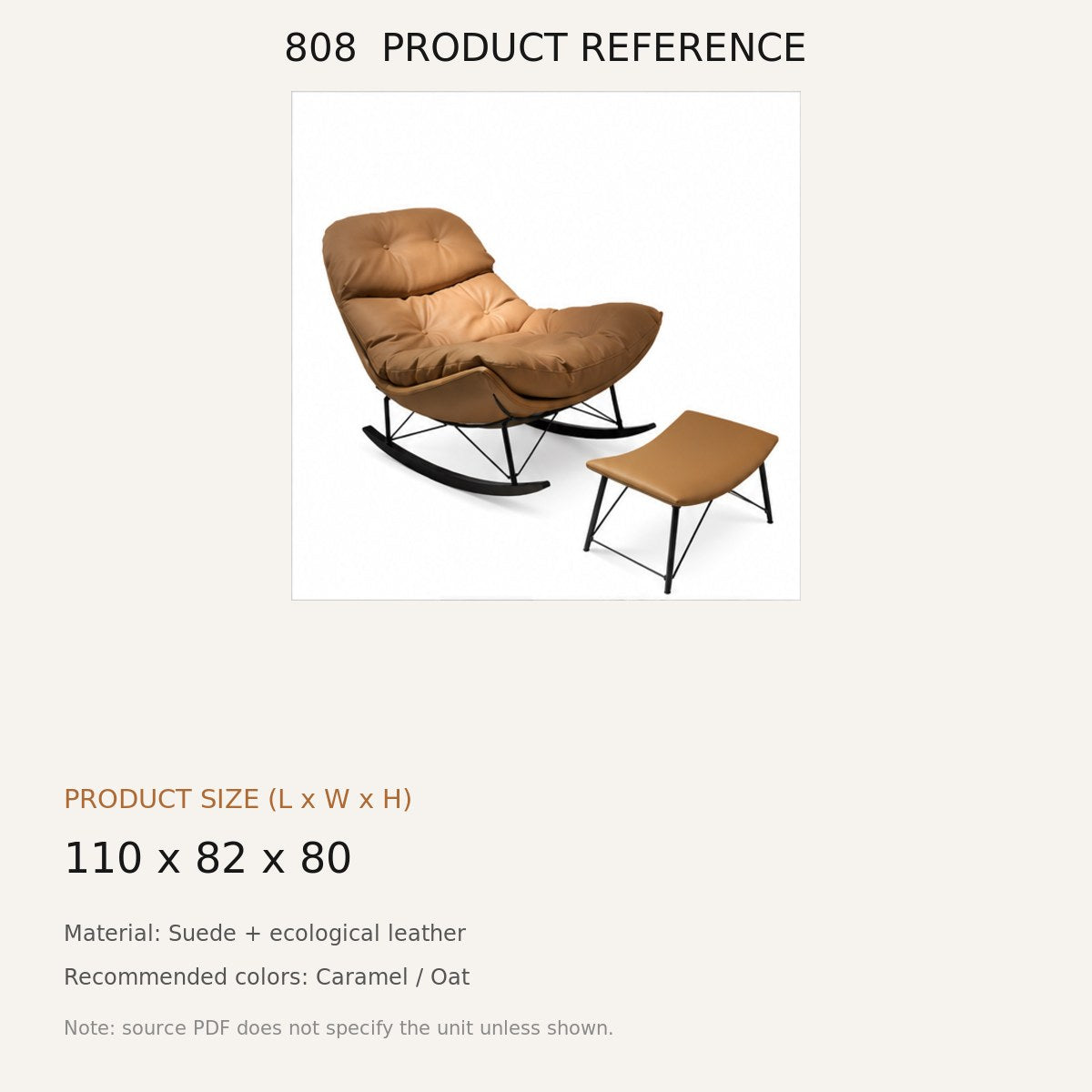 808 Upholstered Rocking Lounge Chair - source dimensions and specification reference