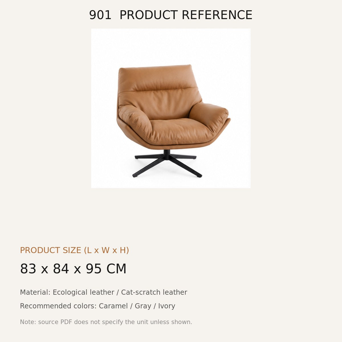 901 Upholstered Swivel Lounge Chair - source dimensions and specification reference