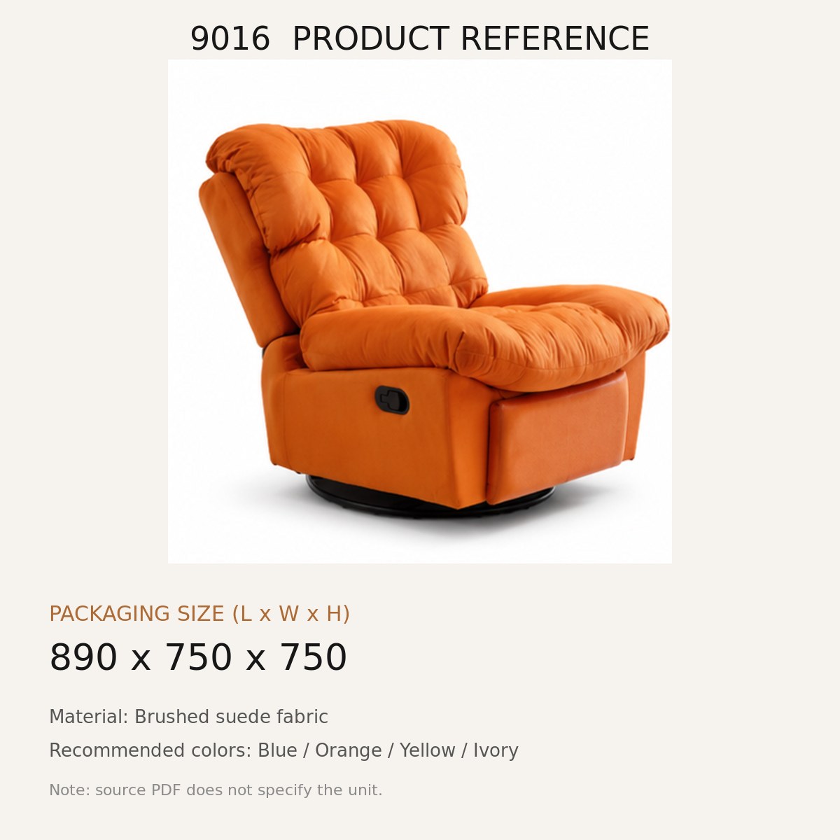9016 Upholstered Recliner Chair - source dimensions and specification reference