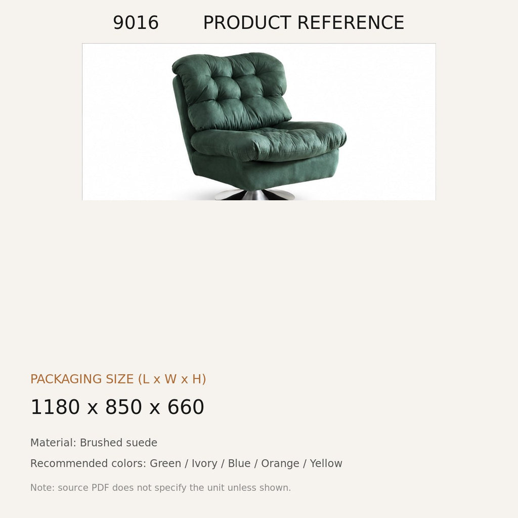 9016 Upholstered Swivel Lounge Chair - source dimensions and specification reference