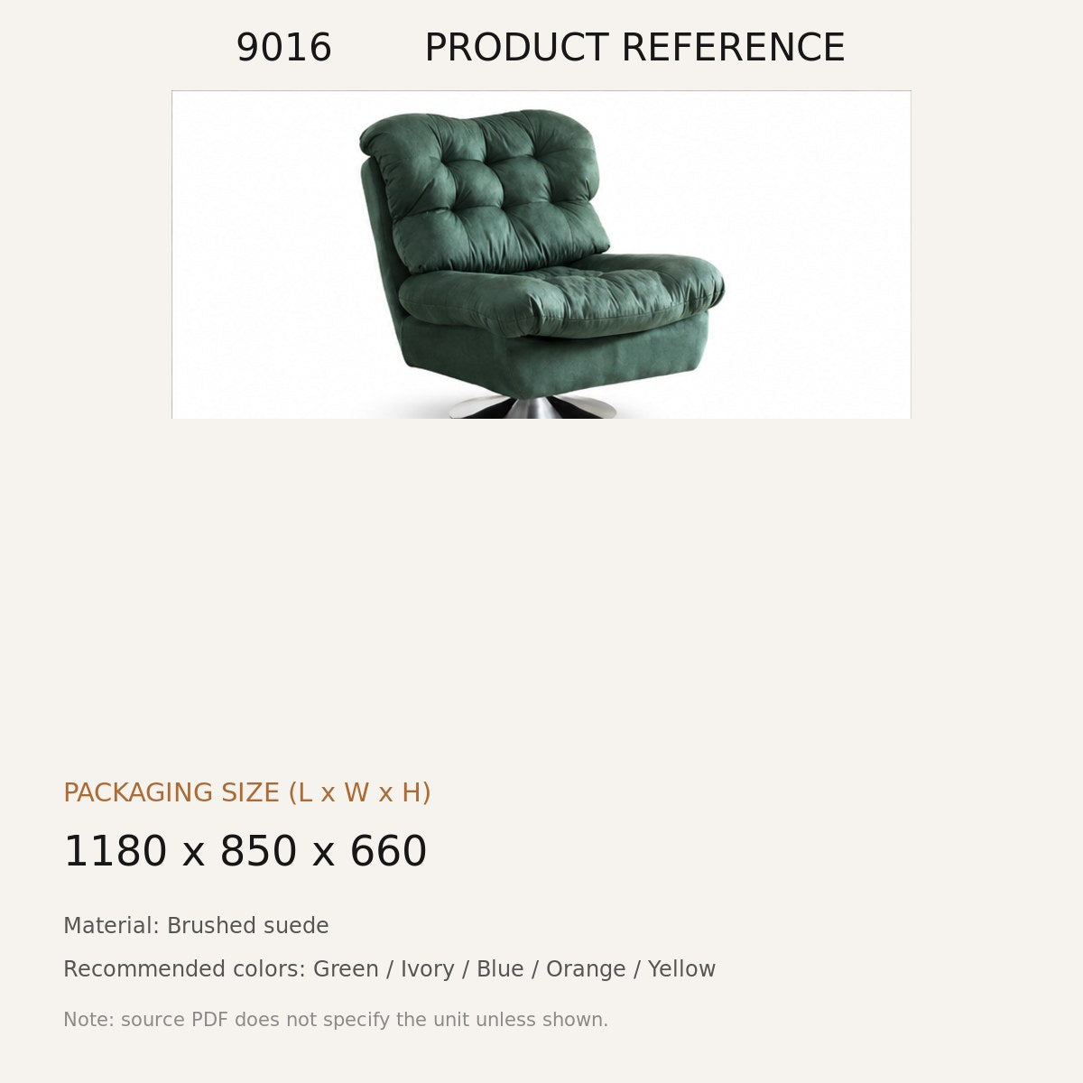 9016 Upholstered Swivel Lounge Chair - source dimensions and specification reference