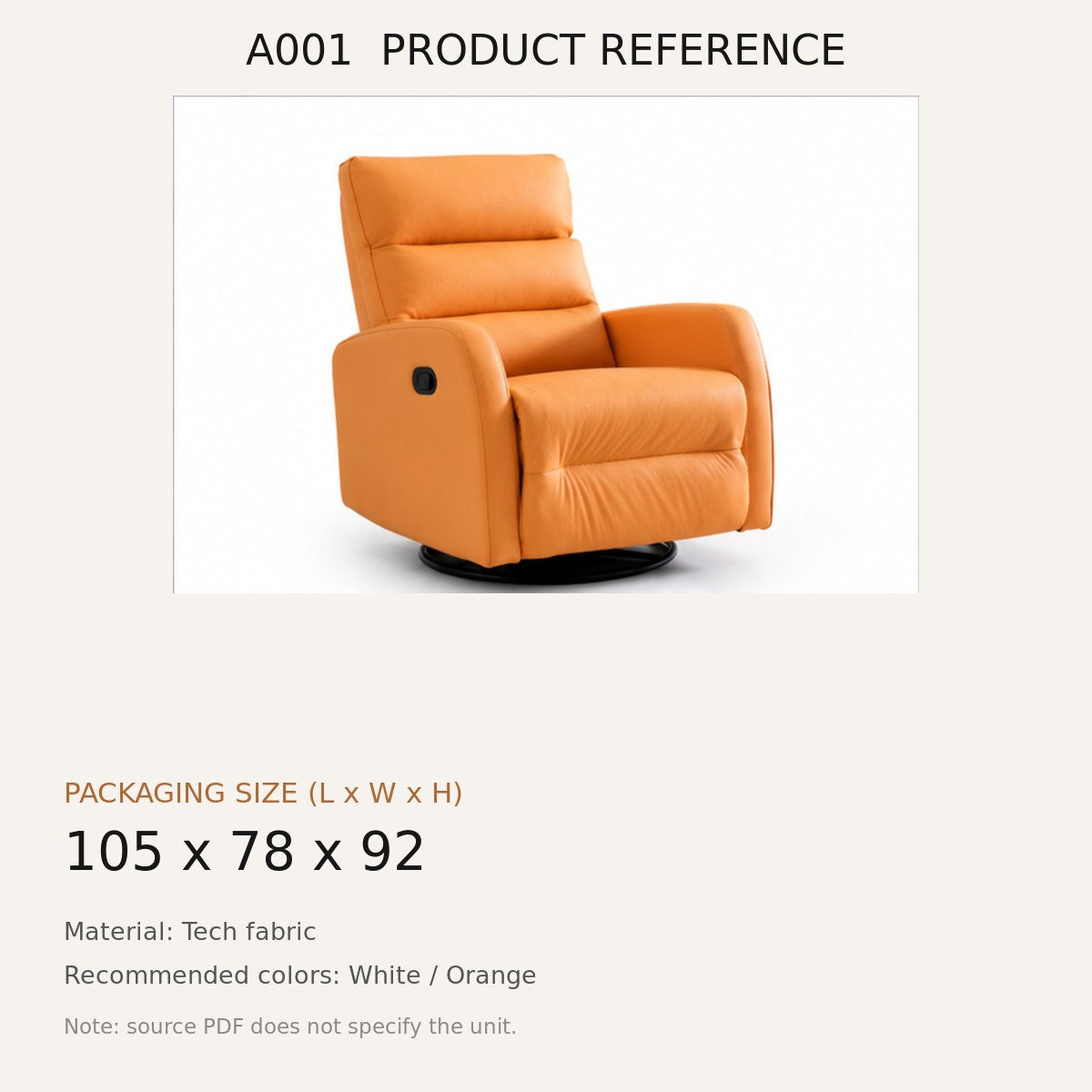 A001 Upholstered Recliner Chair - source dimensions and specification reference