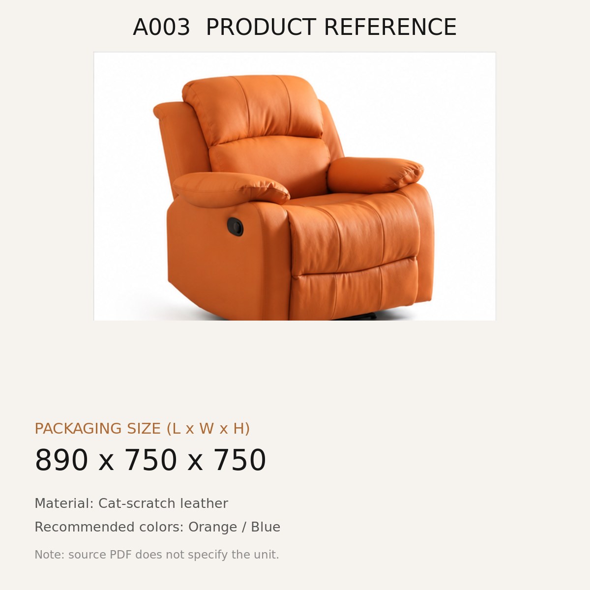 A003 Upholstered Recliner Chair - source dimensions and specification reference