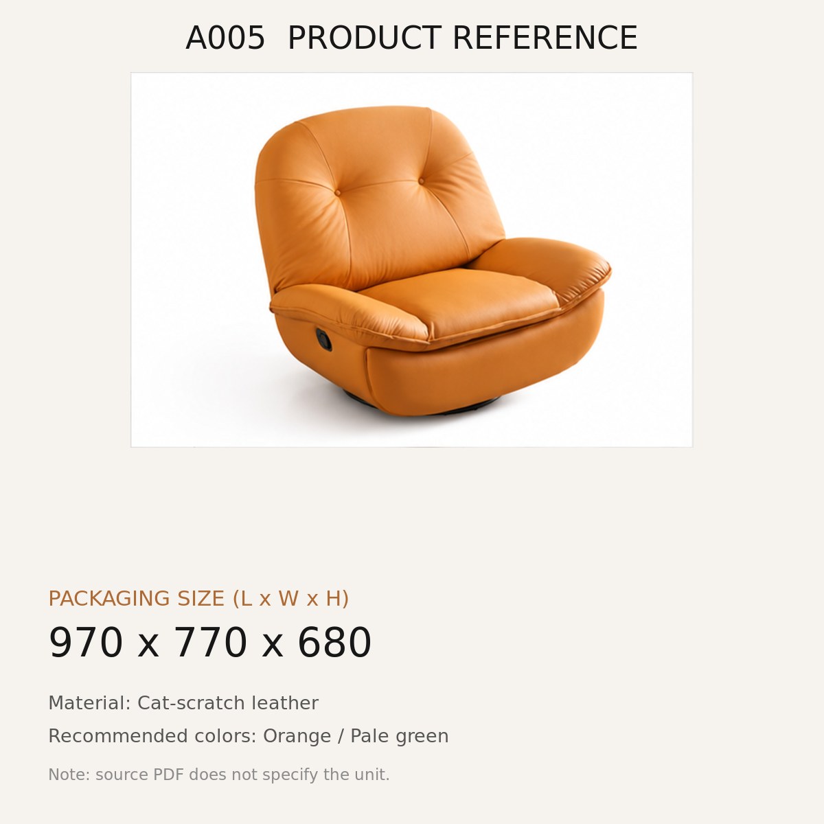 A005 Upholstered Recliner Chair - source dimensions and specification reference