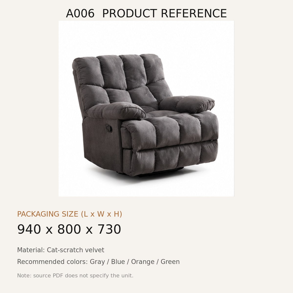 A006 Upholstered Recliner Chair - source dimensions and specification reference