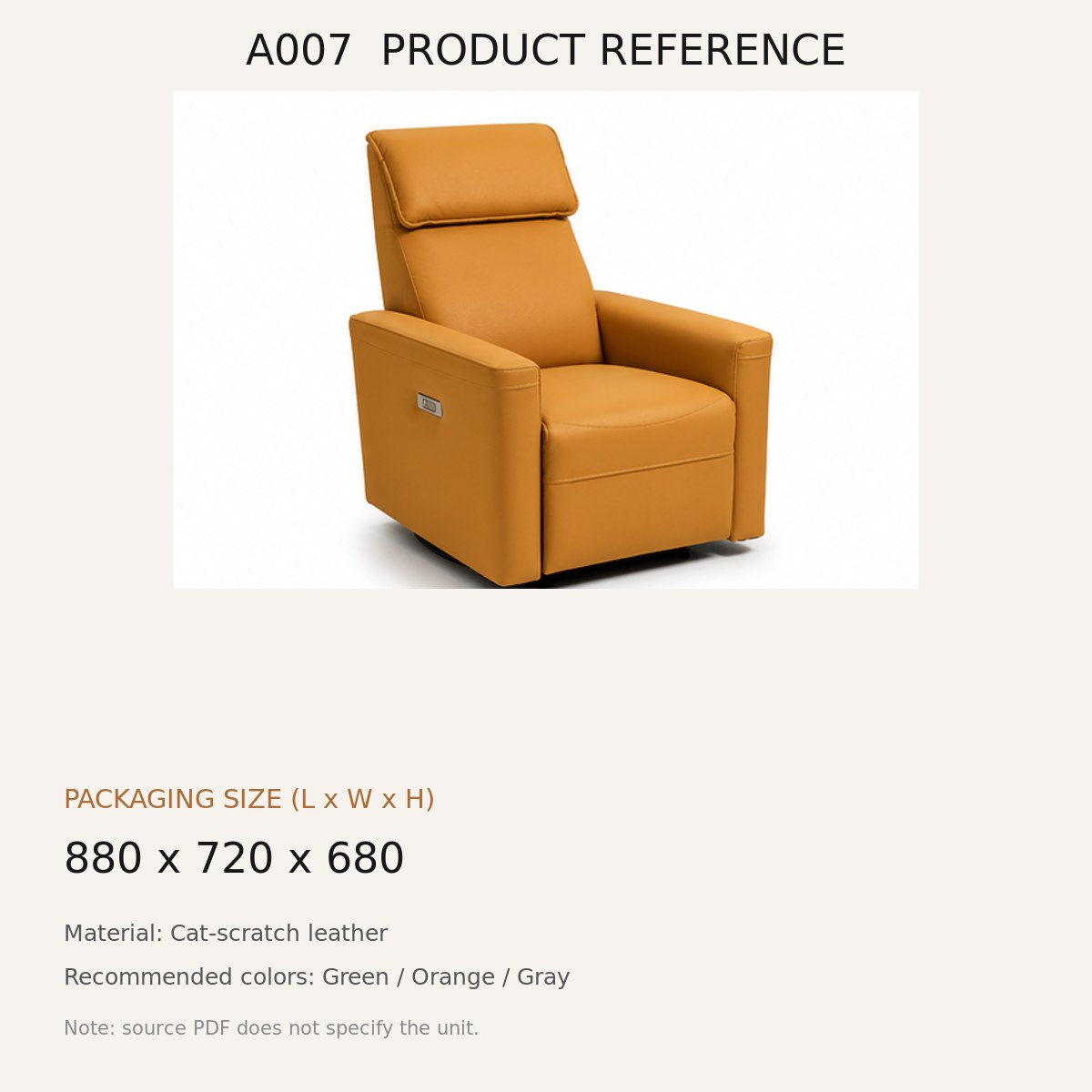 A007 Upholstered Recliner Chair - source dimensions and specification reference