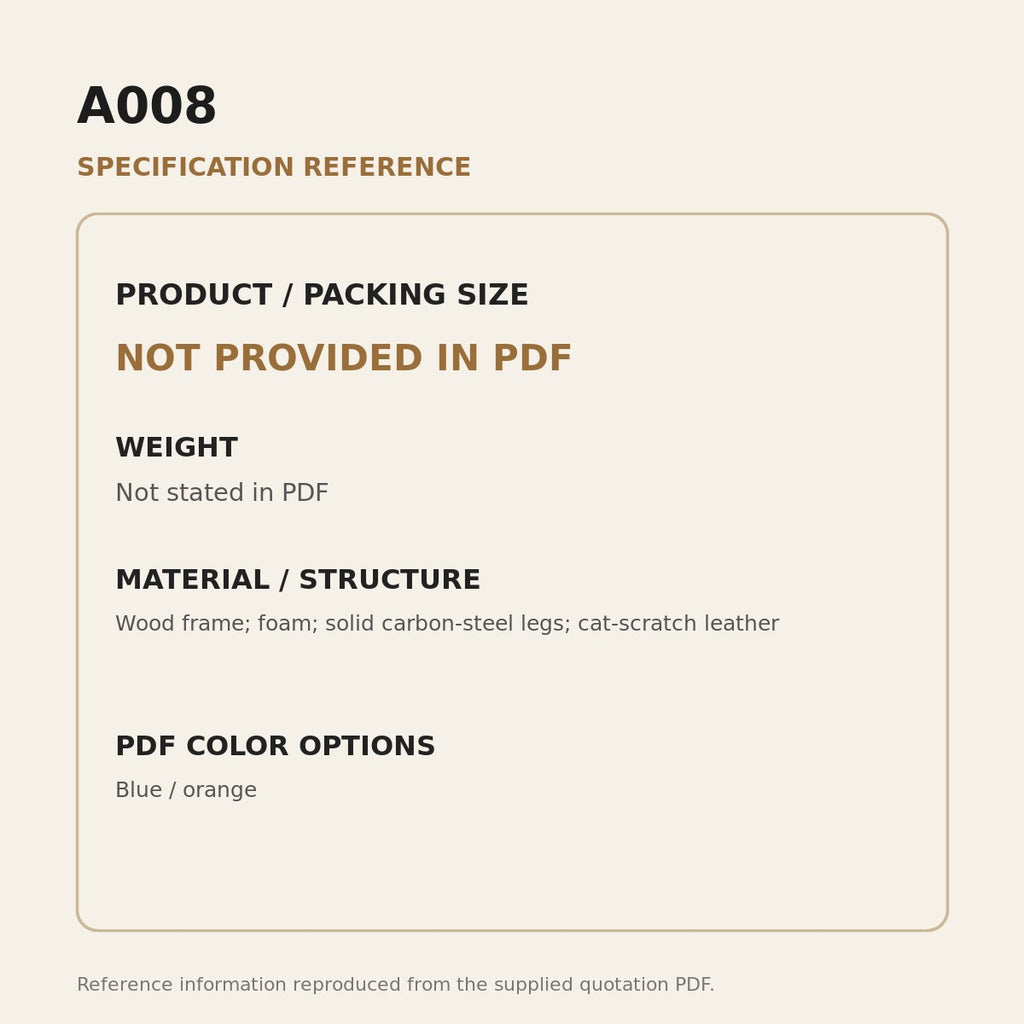 A008 Upholstered Lounge Chair - source dimensions and specification reference