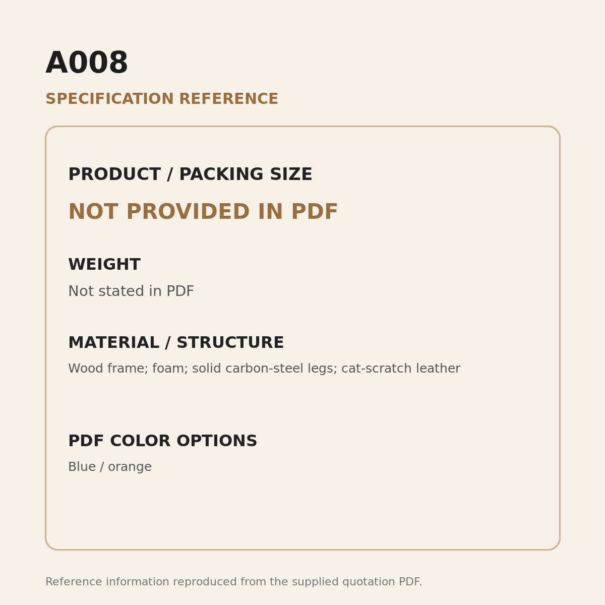 A008 Upholstered Lounge Chair - source dimensions and specification reference