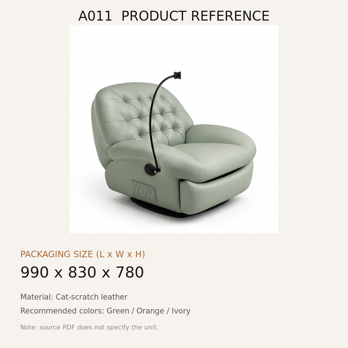 A011 Upholstered Recliner Chair - source dimensions and specification reference