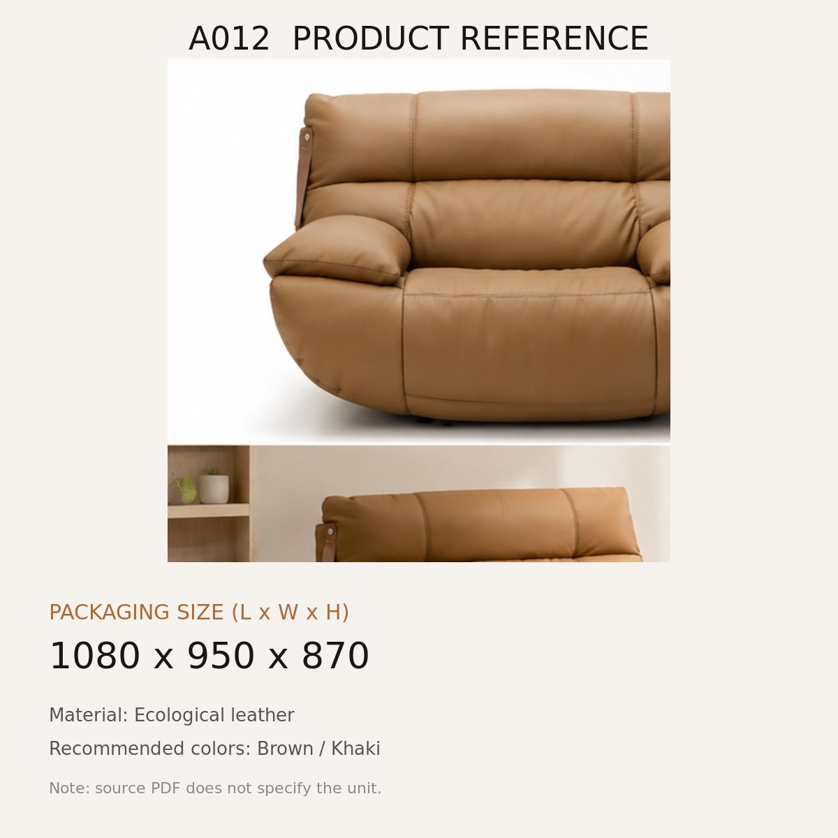 A012 Upholstered Recliner Chair - source dimensions and specification reference