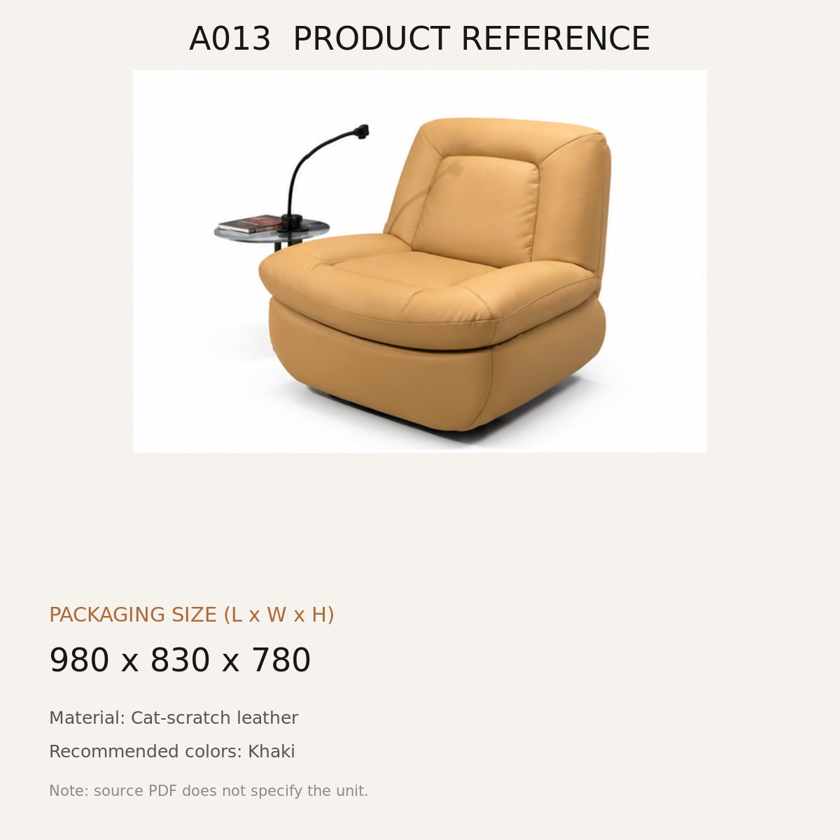 A013 Upholstered Recliner Chair - source dimensions and specification reference