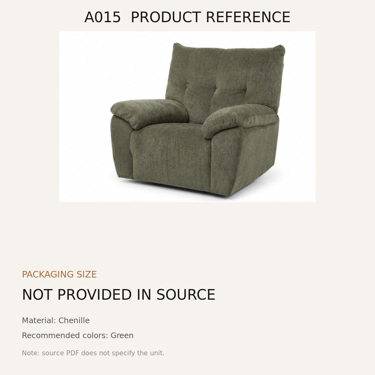 A015 Upholstered Recliner Chair - source dimensions and specification reference