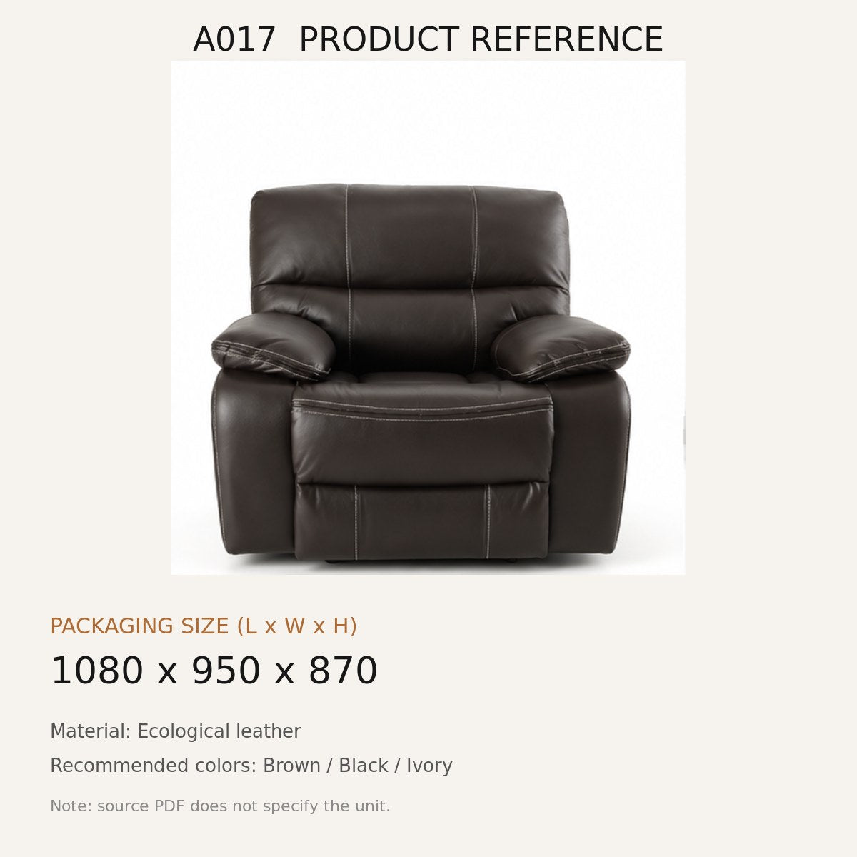 A017 Upholstered Recliner Chair - source dimensions and specification reference