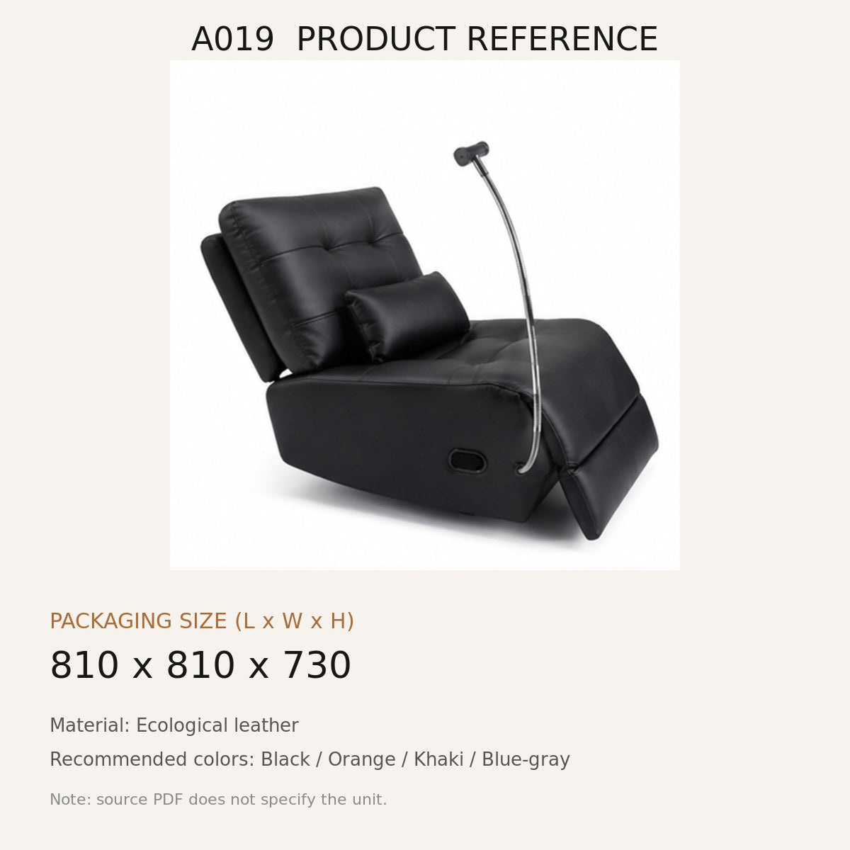 A019 Upholstered Recliner Chair - source dimensions and specification reference