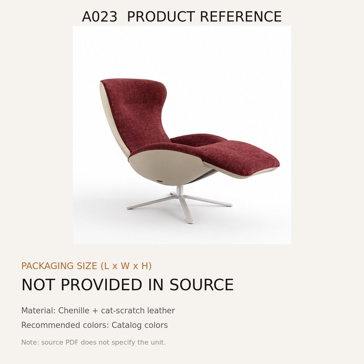 A023 Upholstered Recliner Chair - source dimensions and specification reference