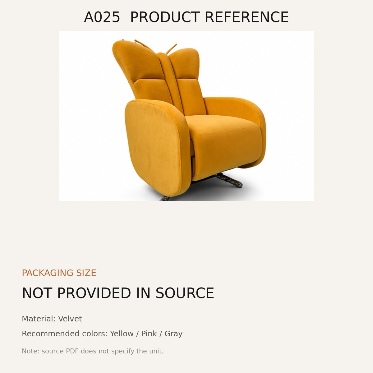 A025 Upholstered Recliner Chair - source dimensions and specification reference