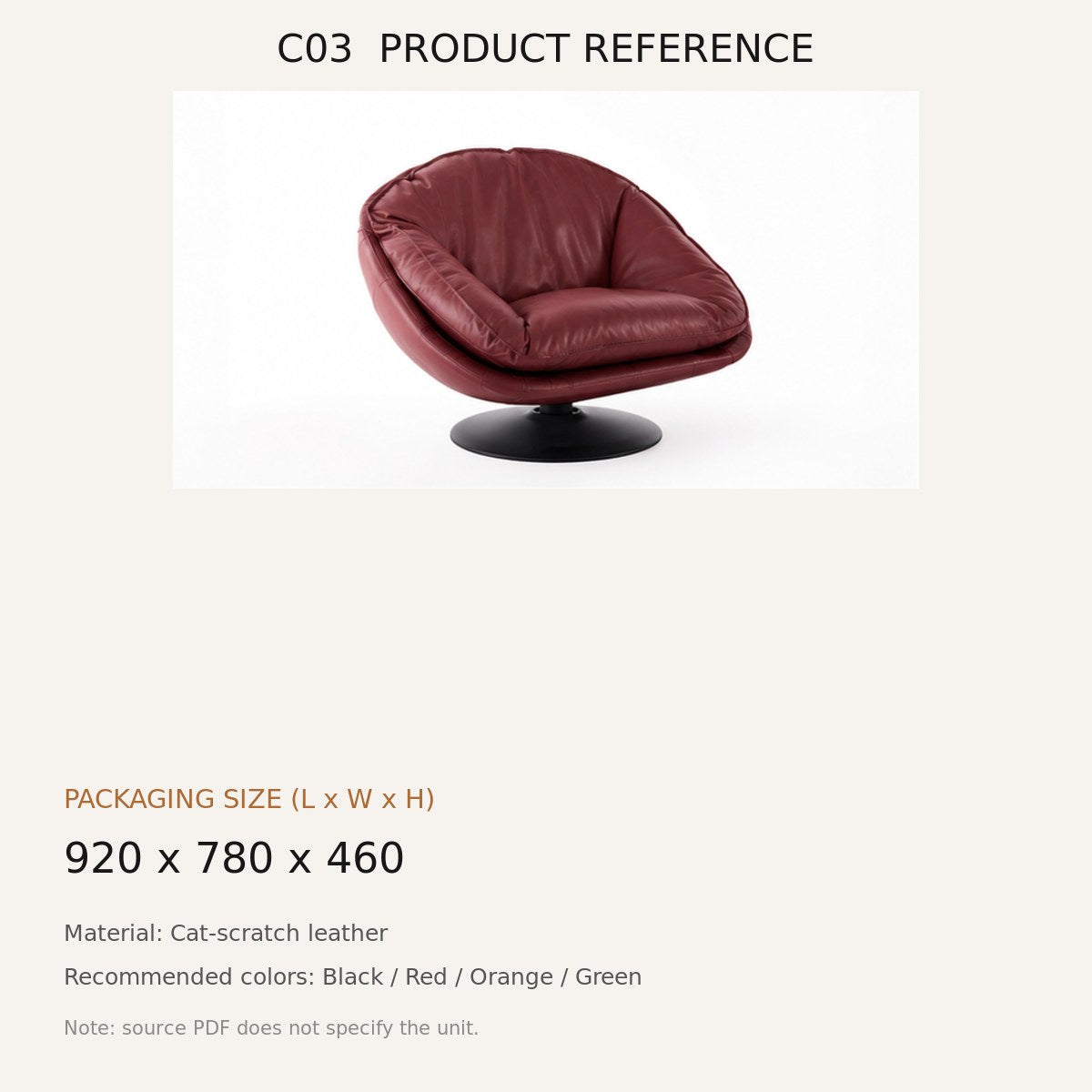 C03 Upholstered Swivel Lounge Chair - source dimensions and specification reference