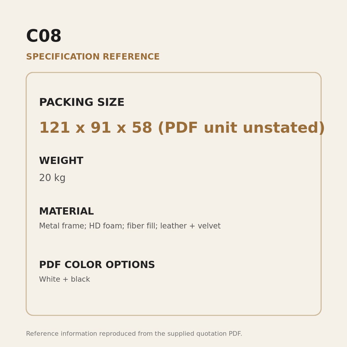 C08 Upholstered Swivel Lounge Chair - source dimensions and specification reference