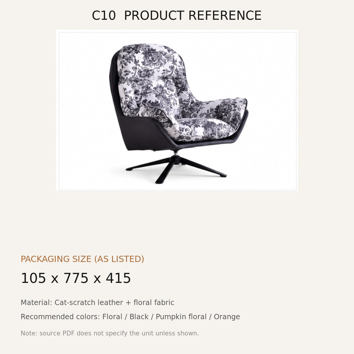 C10 Upholstered Swivel Lounge Chair - source dimensions and specification reference