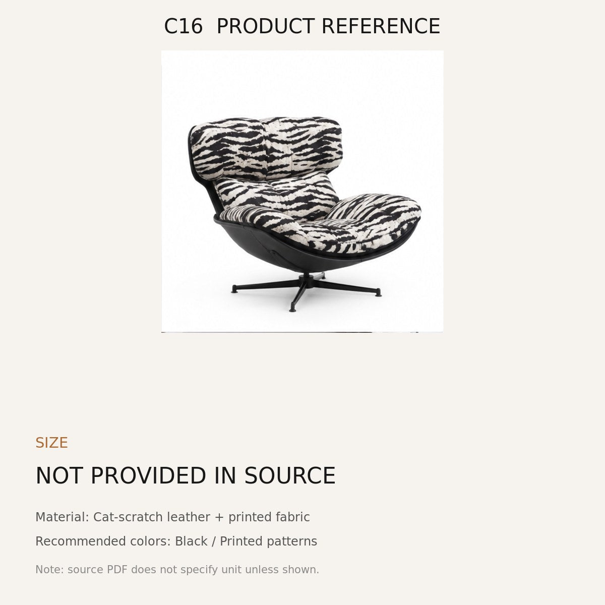C16 Upholstered Swivel Lounge Chair - source dimensions and specification reference