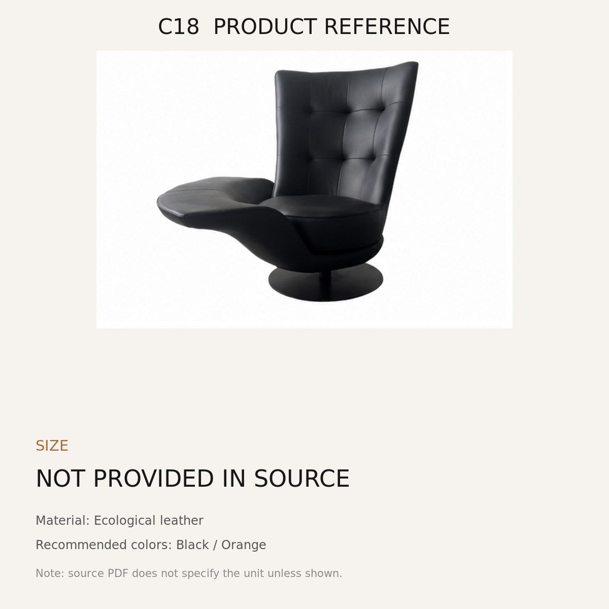 C18 Upholstered Swivel Lounge Chair - source dimensions and specification reference