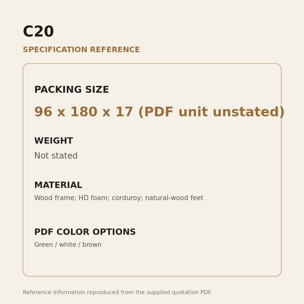 C20 Upholstered Sofa - source dimensions and specification reference