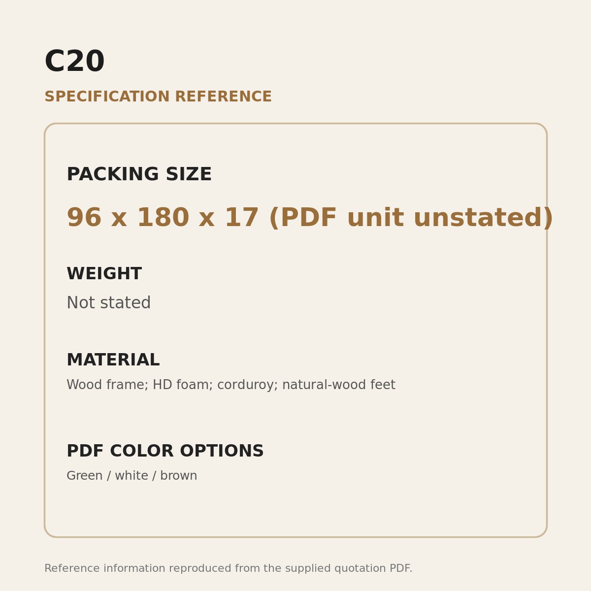C20 Upholstered Sofa - source dimensions and specification reference
