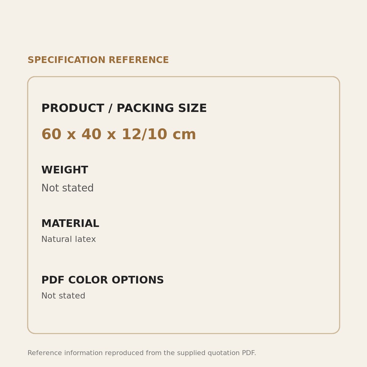 Contoured Latex Pillow - source dimensions and specification reference