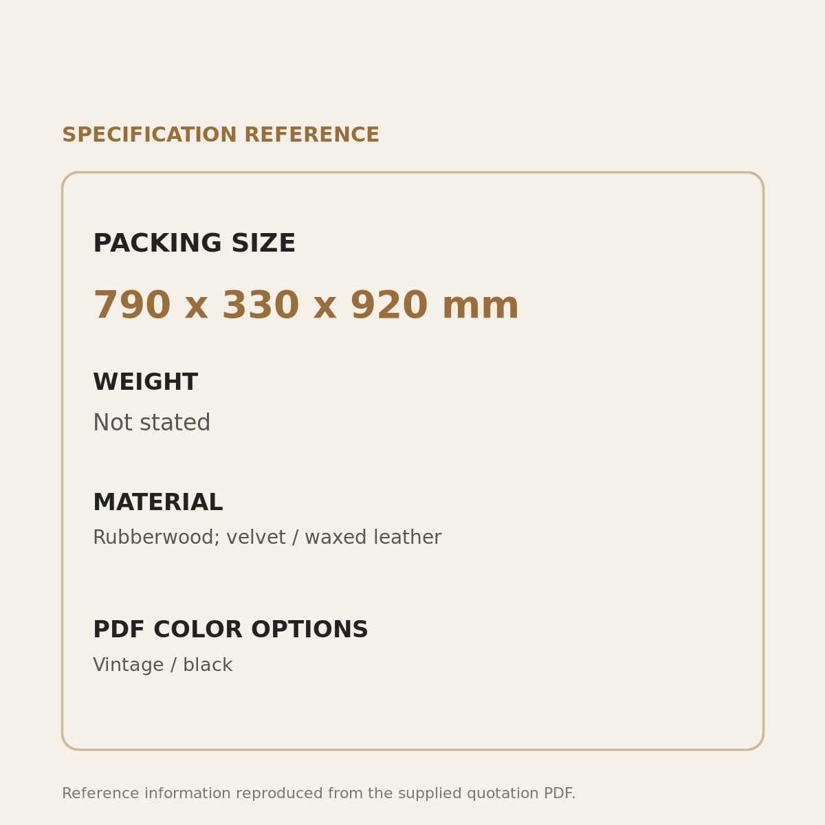 Pearl Upholstered Lounge Chair - source dimensions and specification reference