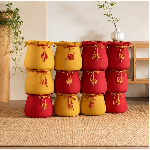 Drawstring Pouf Ottoman in a realistic lifestyle setting