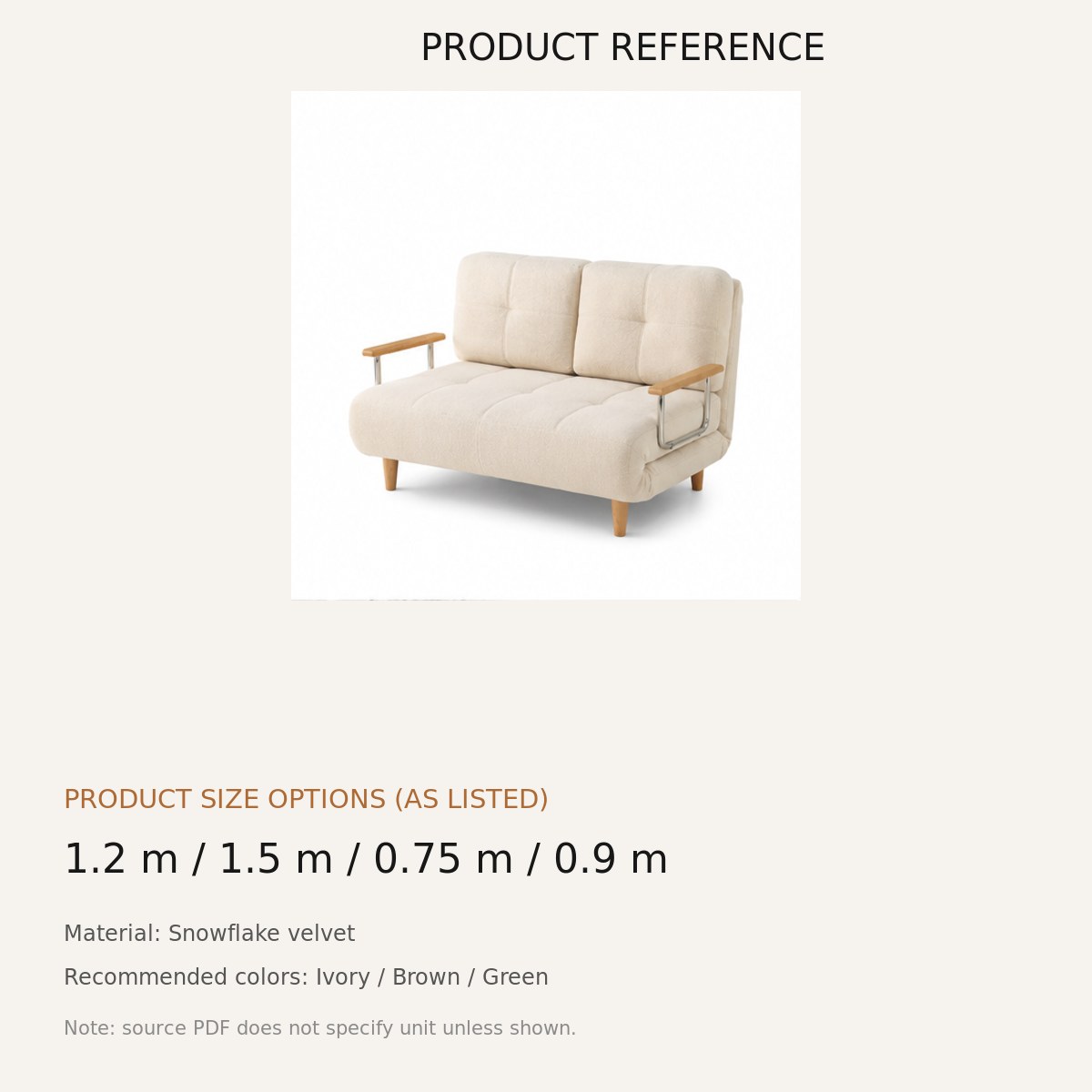 Convertible Folding Sofa - source dimensions and specification reference