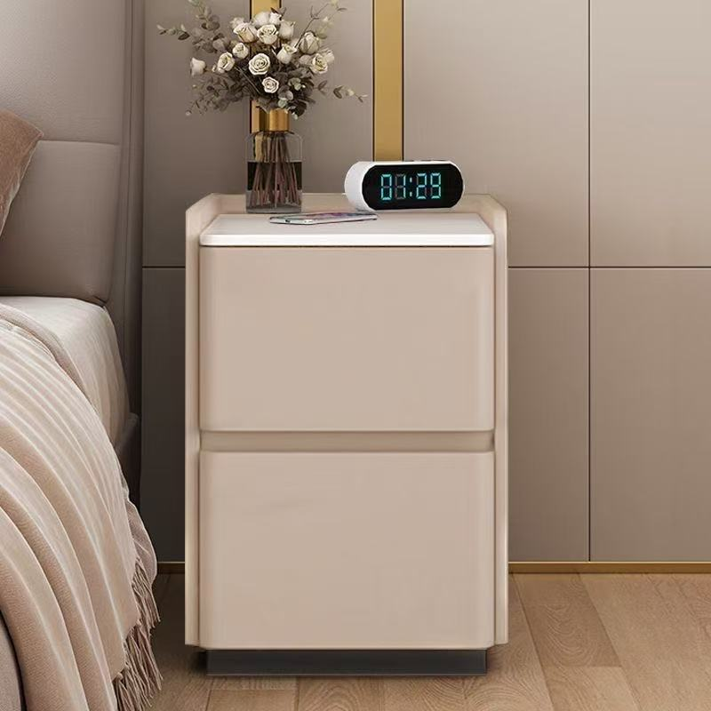 C2 smart bedside table in warm ivory with two handleless drawers and raised-edge top, bedroom sourcing view